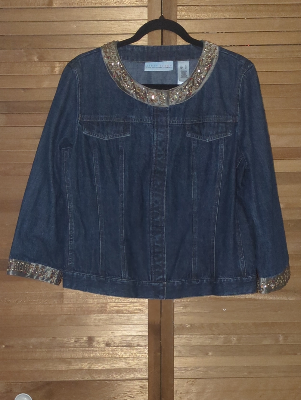 First Issue (Liz Claiborne) Dark Blue Denim Jacket with Jeweled Trim